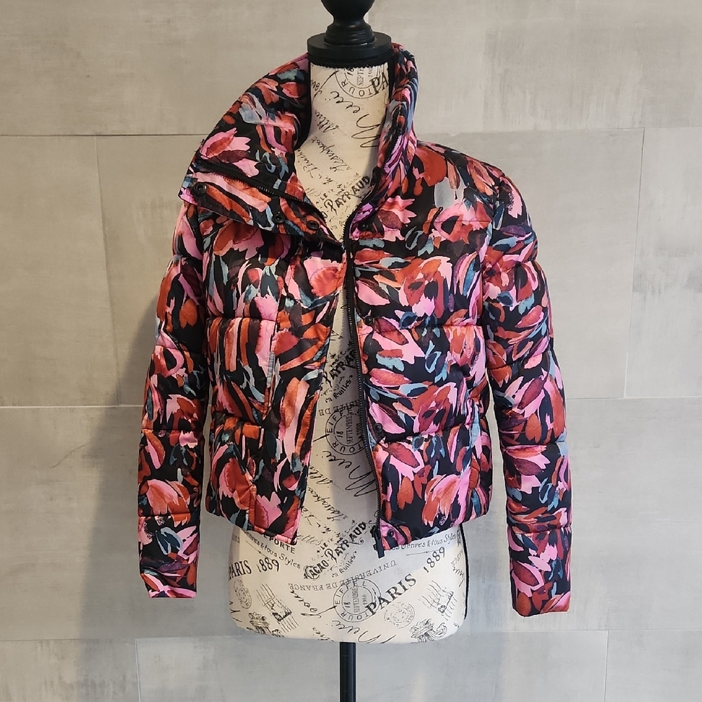 Milly Kids Floral Puffer Jacket - Pink and Black